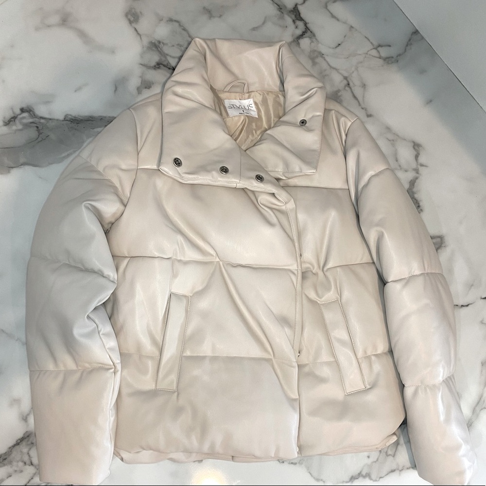 Cream Faux Leather Puffer Coat (S)